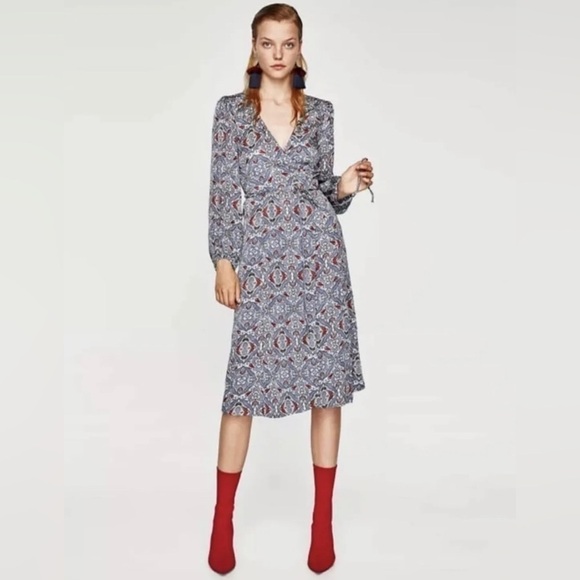 Zara Jacquard Patterned Shimmer Long Sleeve Midi Wrap Dress - Picture 2 of 8